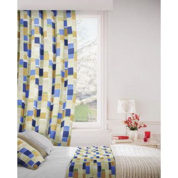 Jitterbug 130 Blue Gold Curtains Room Shot Mock up