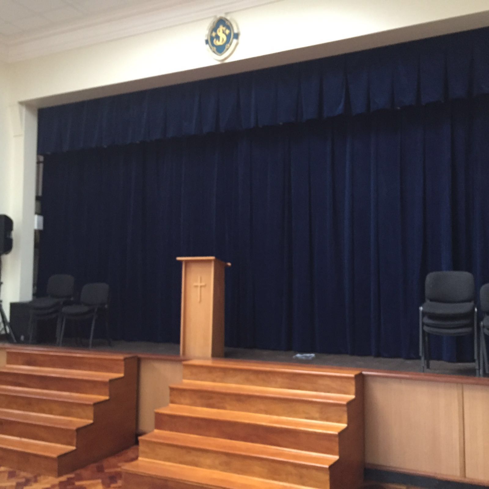 Deep Blue Heavy Weight Velvet Curtains For School Hall In Alderley Edge